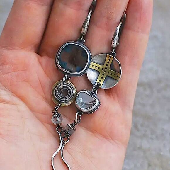 Antique Silver Flower Star Zircon Geometric Dangle Handmade Unique Earri… - Picture 1 of 4